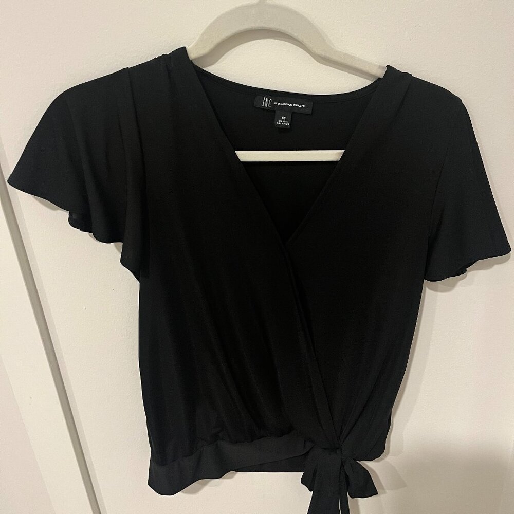 INC International Concepts black v-neck tie-front shirt